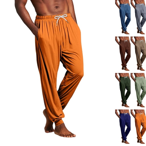 Men's Solid Pajama Pants Drawstring Elastic Waist Lounge Pants Jogger Ankle Soft Sleep Pants with Side Pockets ,L,Orange