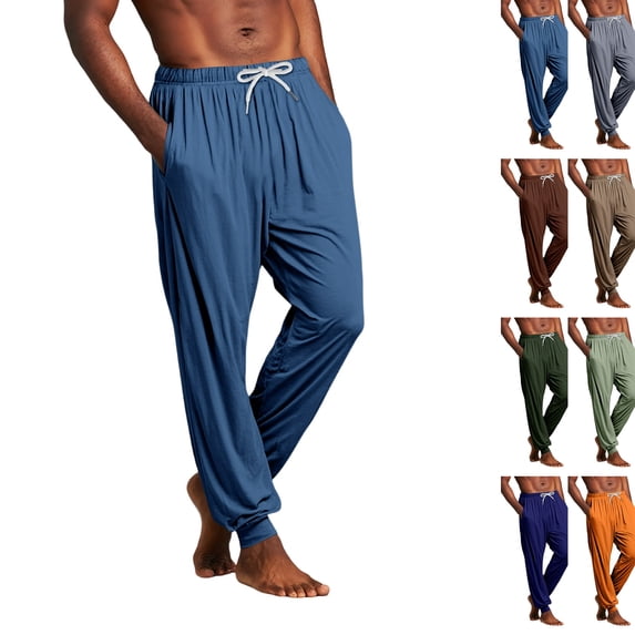 Men's Solid Pajama Pants Drawstring Elastic Waist Lounge Pants Jogger Ankle Soft Sleep Pants with Side Pockets ,XL,Blue