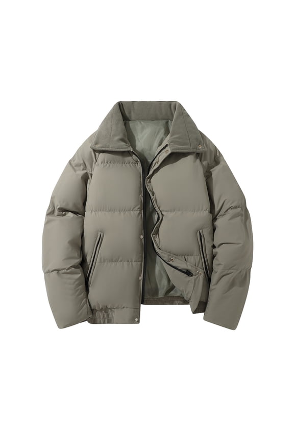 Men's Solid Puffer Jacket Fleece Collar Winter Coats Short Padded Jackets Warm Outerwear Coat with Big Zipper Pockets Beige 3XL