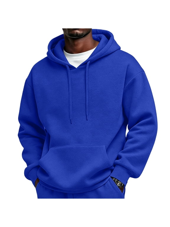 Men's Solid Pullover Hoodie, Long Sleeve Drop Shoulder Fall Loose Fit Casual Drawstring Hooded Sweatshirt with Pocket Royal Blue XL