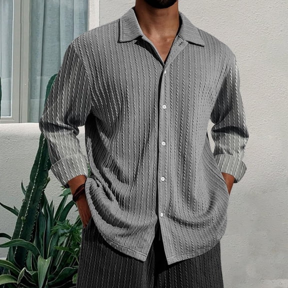 Men's Solid Ribbed Knit Button Down Shirts Casual Long Sleeve Solid Color Blouse Pullover Texture Collared Tops (M, Dark Gray)