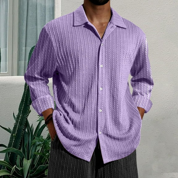 Men's Solid Ribbed Knit Button Down Shirts Casual Long Sleeve Solid Color Blouse Pullover Texture Collared Tops (S, Purple)
