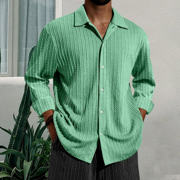 Men's Solid Ribbed Knit Button Down Shirts Casual Long Sleeve Solid Color Blouse Pullover Texture Collared Tops (XL, Green)