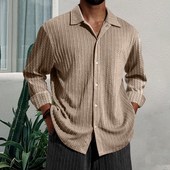 Men's Solid Ribbed Knit Button Down Shirts Casual Long Sleeve Solid Color Blouse Pullover Texture Collared Tops (XL, Khaki)