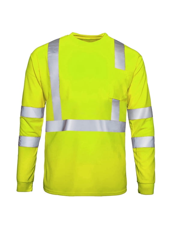 Men’s Solid Round Neck Reflective Long Sleeve Work Shirt, Breathable High Visibility Casual Long Sleeve T-Shirt for Working Daily Safety Wear Yellow XL