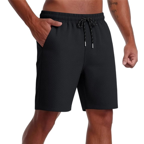 Men's Solid Seersucker Quick Dry Shorts 7 Inch, Elastic Drawstring Waist Casual Workout Beach Shorts with Pockets Black