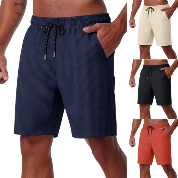 Men's Solid Seersucker Quick Dry Shorts 7 Inch, Elastic Drawstring Waist Casual Workout Beach Shorts with Pockets Dark Blue