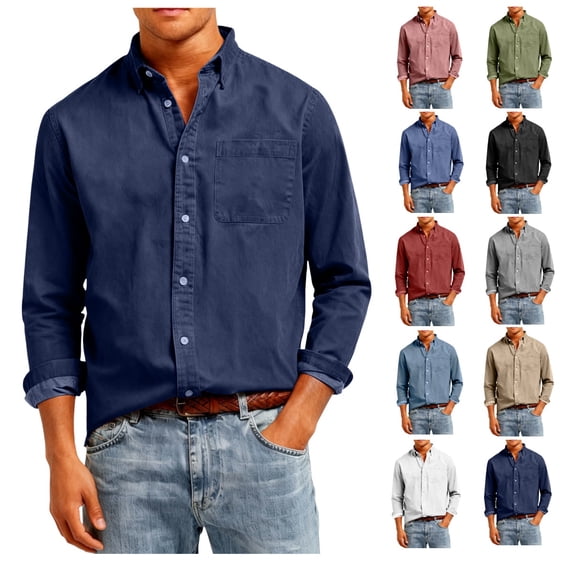 Men's Solid Shirt Long Sleeve Button Down Casual Oxford Shirt with Chest Pocket, Regular Fit Daily Wear Shirts for Men