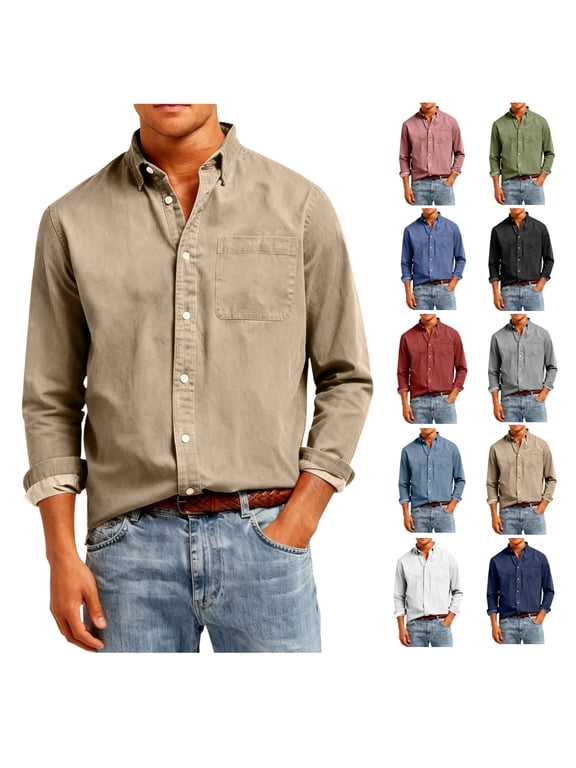 Men's Solid Shirt Long Sleeve Button Down Casual Oxford Shirt with Chest Pocket, Regular Fit Daily Wear Shirts for Men
