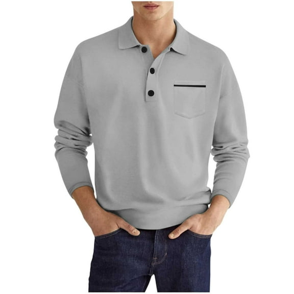 Men's Solid Shirt Long Sleeve Quarter Button Lapel Collar Pullover Top with Pockets Dark Gray L