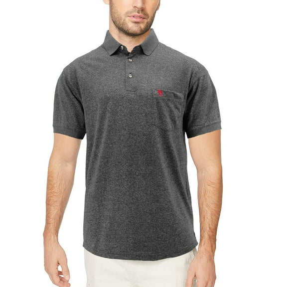 Men's Solid Short Sleeve Heathered Cotton Jersey Embroidered Logo Polo Shirt (Raven Heather, S)