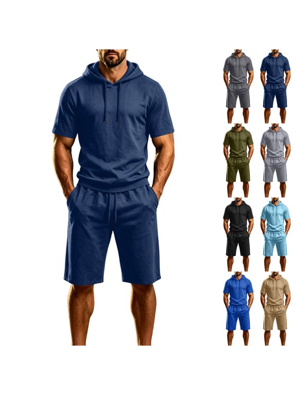 Men's Solid Short Sleeve Hoodie & Elastic Waist Shorts Set, All-Season Comfort Loose Fit Casual Two Piece Outfit for Home Party Indoor Outdoor Daily | TruHer,Dark Gray 2XL