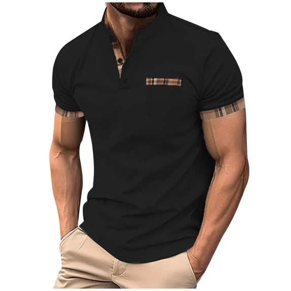 Men's Solid Short Sleeve Pullover T-Shirt with Stand Collar and Pockets