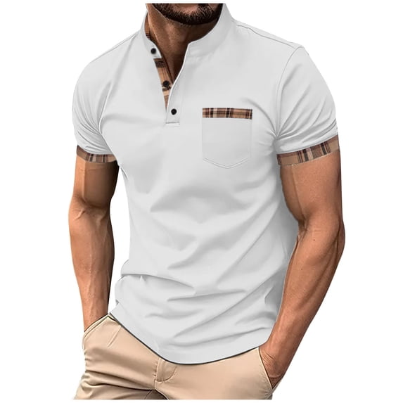Men's Solid Short Sleeve Pullover T-Shirt with Stand Collar and Pockets