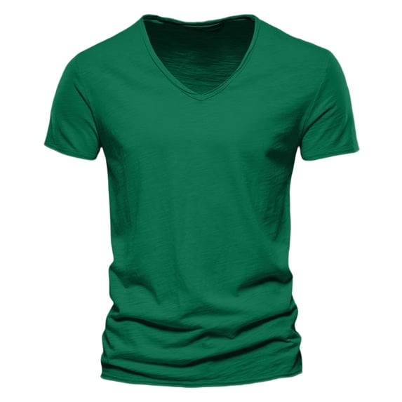 Men's Solid Short Sleeve V Neck T Shirts Loose Fit Stretchy Summer Casual Tee Dark Green L