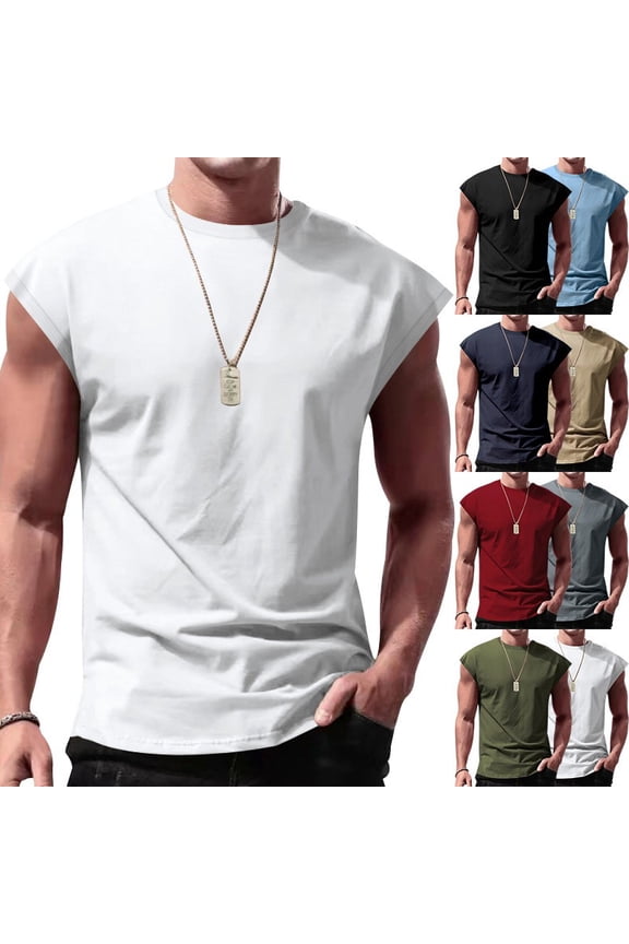 Men's Solid Sleeveless T-Shirt Cotton Blend Crew Neck Muscle Tank Top Gym Workout Vest Casual Summer Streetwear White XL