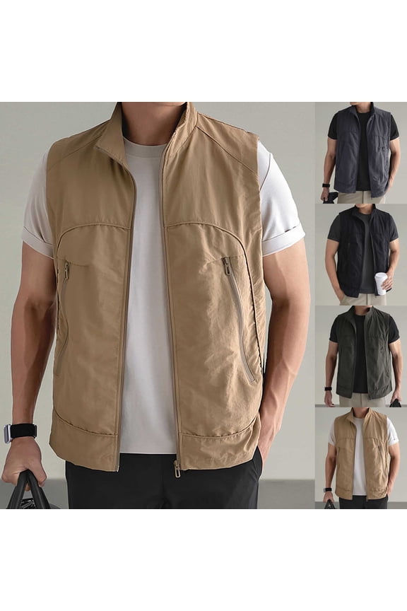 Men's Solid Stand Collar Outdoor Sports Waistcoat Jacket With Pockets 100% Polyester Lightweight Zip Up Vest For Hiking Fishing Travel Work | JASKFLY,Army Green L