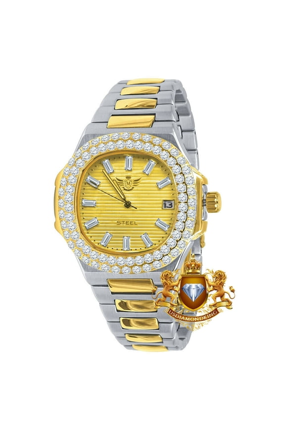 Men's Solid Steel 18K 2 Tone Gold Finish Simulated Diamond 36 mm Watch W/Date