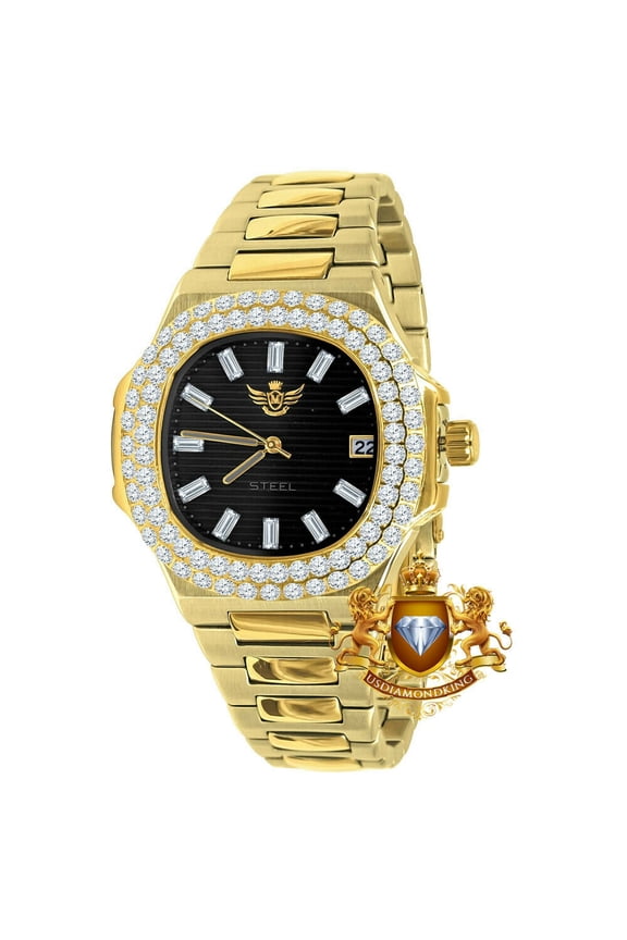 Men's Solid Steel Black Dial 18K Gold Finish Simulated Diamond 36mm Watch W/Date