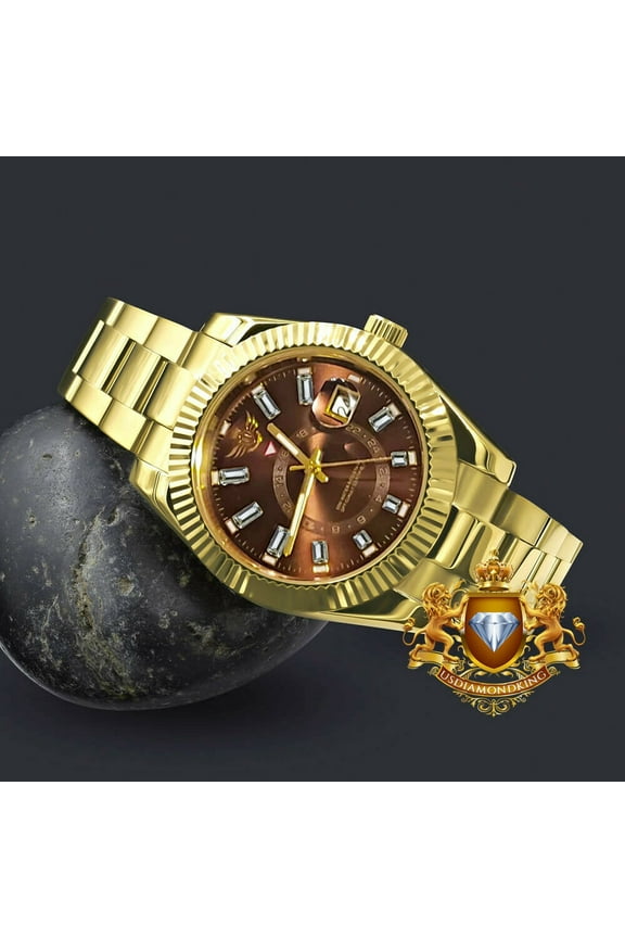Men's Solid Steel Brown Dial 18K Gold Finish Simulated Diamond 40mm Watch W/Date