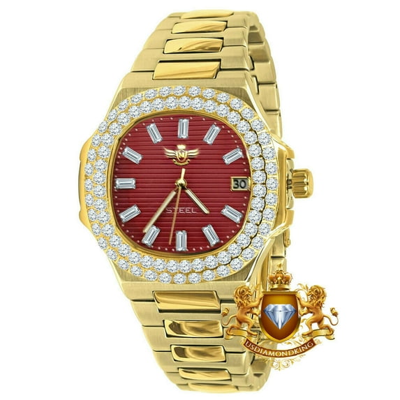 Men's Solid Steel Red Dial 18K Gold Finish Simulated Diamond 36mm Watch W/Date