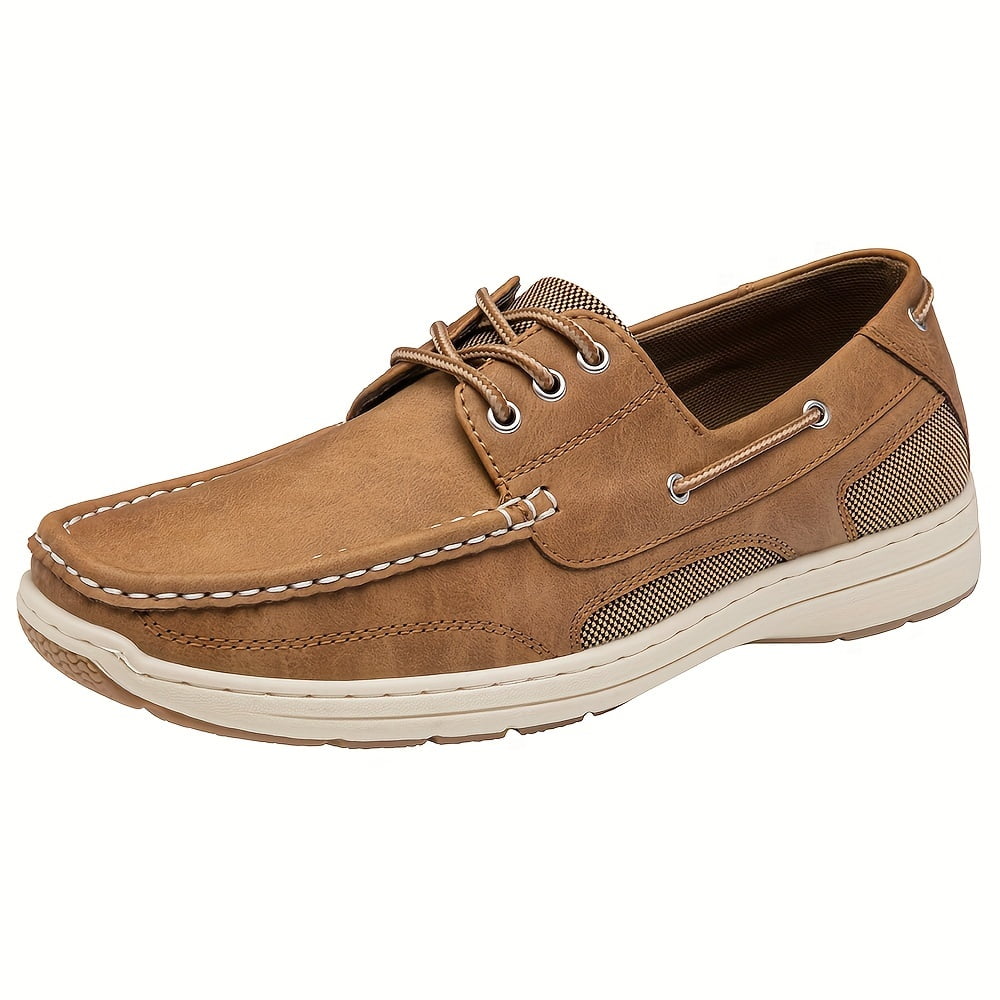 Men s Solid Stitching Boat Shoes With PU Leather Uppers Breathable Wear resistant Lace up Comfy Shoes For Men s Outdoor Casual