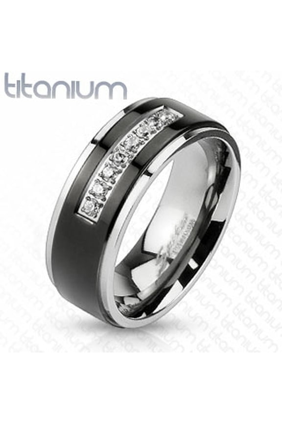 Men's Solid Titanium Black IP Center Cubic Zirconia Comfort Fit Wedding Band Size 9