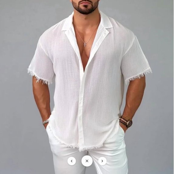 Men's Solid White Crinkle Texture Fringe Trim Short Sleeve Button Up Shirt, Loose Casual Top for Street Outdoor Summer Vacation Wear