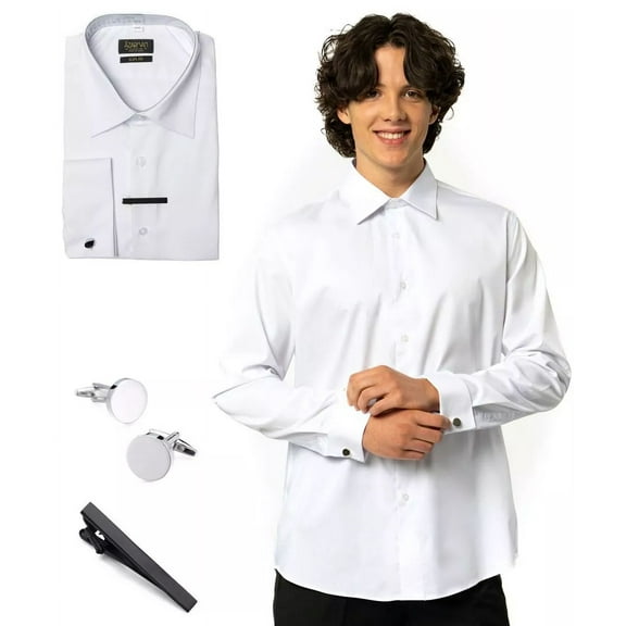 Men's Solid White Dress Shirt Stretch Cotton Tailored Slim Fit Long Sleeve Spread Collar Non Iron Button Down (US, Neck Sleeve, 20, 20.5, 36, 37, White French Cuff)