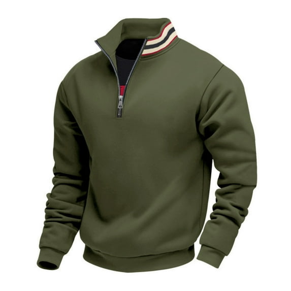 Men's Solid-color Casual Fleece Hoodie, Loose Stand-up Collar Semi-zipper Casual Sport Pullover Hoodie for Men,Army Green,L
