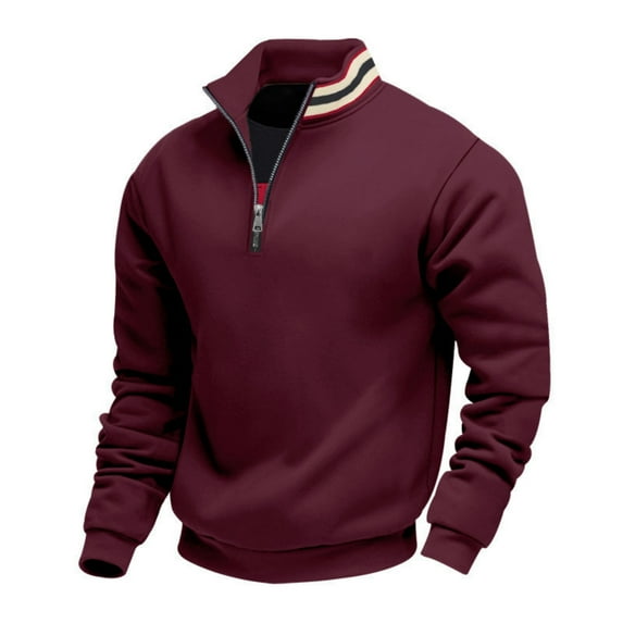 Men's Solid-color Casual Fleece Hoodie, Loose Stand-up Collar Semi-zipper Casual Sport Pullover Hoodie for Men,Wine,XL