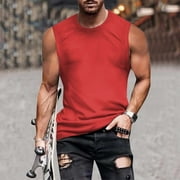 ENCOUTHRE Men's Solid color sports fitness muscle sleeveless sweat street moisture wicking Tshirts , Shirts for Men Red XXL