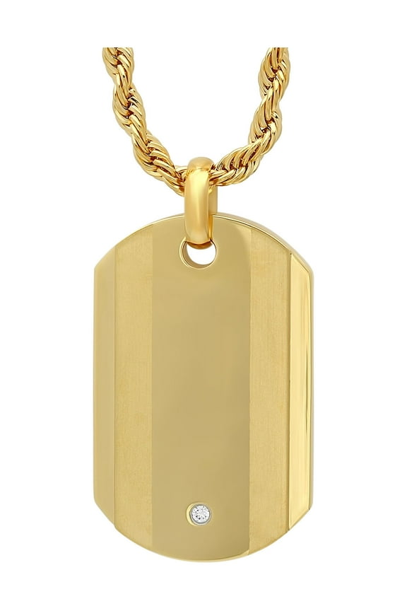 Men's Solitaire Cubic Zirconia and Gold-Tone Stainless Steel Dog Tag Pendant Necklace