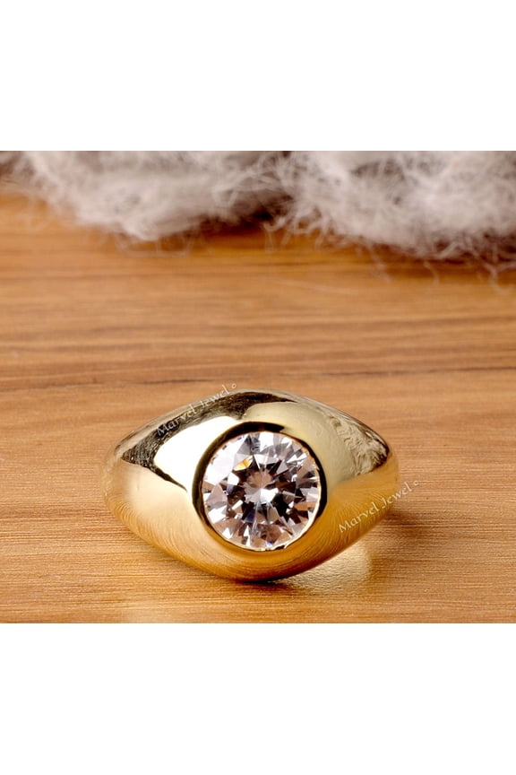 Men's Solitaire Diamond Ring, Flush Set Diamond Ring, Wedding Diamond Ring, Wide Shank Dome Ring, 14K Yellow Gold Plated, 2.0 Ct Simulated Diamond, Proposal Ring For Him