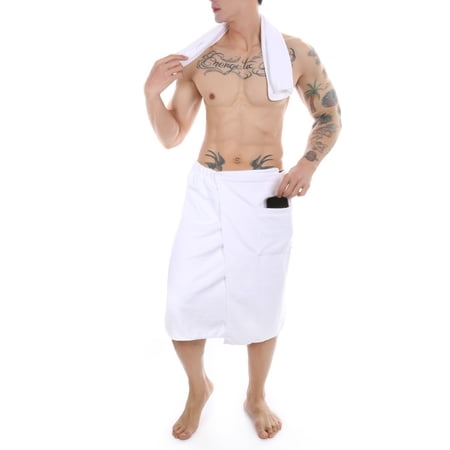 Men's Spa Bath Wrap Towel with Pocket Soft Face Towel & Shower Wrap Towel Set, White