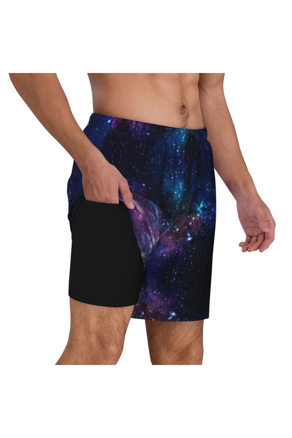 Men's Space Galaxy Swim Trunks with Compression Liner Bathing Suit Swimwear