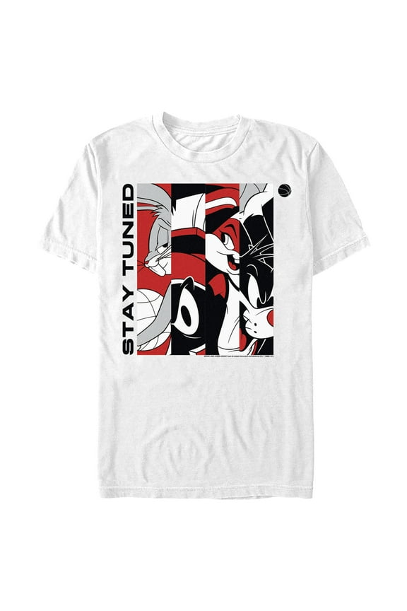 Men's Space Jam: A New Legacy Stay Tuned Panels Red and Black  Graphic Tee White Medium