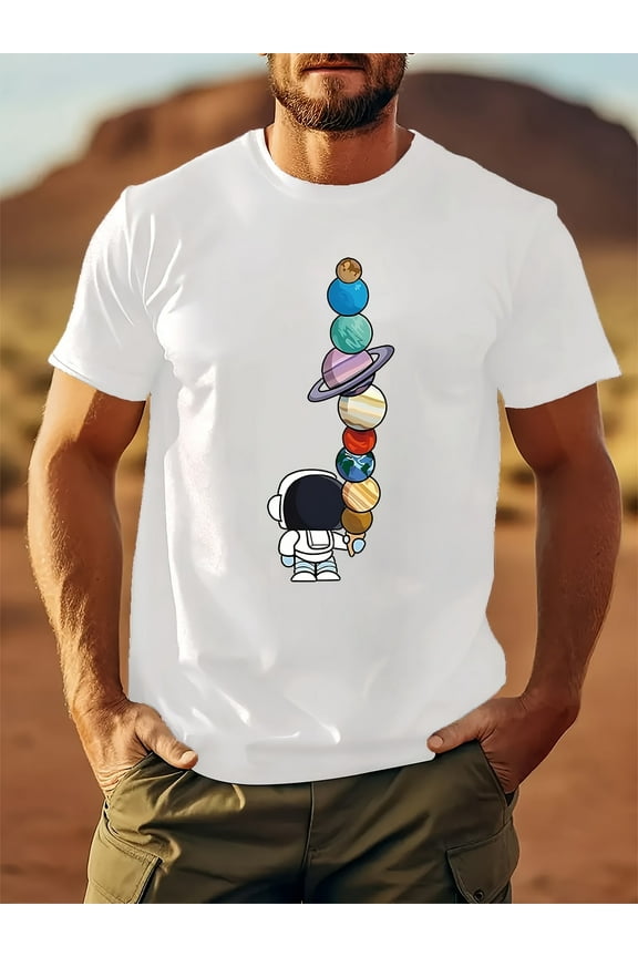 Men's Space-Themed 100% Cotton T-Shirt - Astronaut & Planets Print, Casual Short Sleeve, Comfortable Fit, Ideal for Daily Wear & Outdoor Activities
