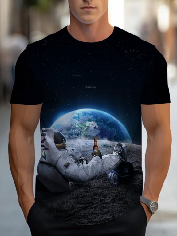 Men's Space Themed Astronaut T-Shirt - Light Breathable Polyester Fabric with Moon and Earth Prints, Crew Neck Casual Top, Suitable for Outdoor Travel, Camping, Daily Wear