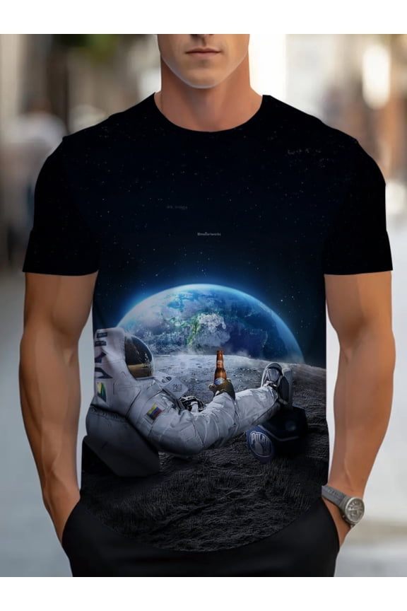 Men's Space Themed Astronaut T-Shirt - Light Breathable Polyester Fabric with Moon and Earth Prints, Crew Neck Casual Top, Suitable for Outdoor Travel, Camping, Daily Wear