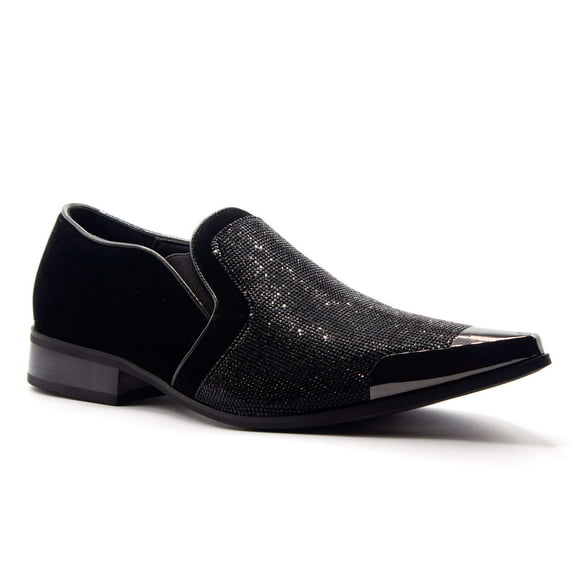 Men's Sparkle Bling Slip On Metal Tip Pointy Toe Formal Loafers Dress Shoes, Black, 9.5