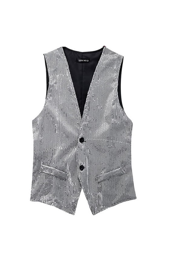 Men's Sparkle Sequins Waistcoat Open Front Jacket Sleeveless Slim Fit Coat Vest Tops Business Gentleman Gilet Prom Party Tuxedo