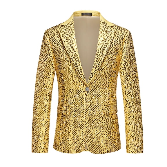 Men's Sparkly Suit Blazers Slim Fit Party Sequin Shiny Blazer Jackets Lapel Collar Long Sleeve Festive Outfits (3XL, Gold)