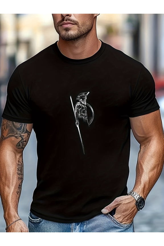 Men's Spartan Warrior Graphic T-Shirt - Ancient Greek Gladiator Helmet Spear Design - Retro Minimalist Strength Fitness Cotton Tee