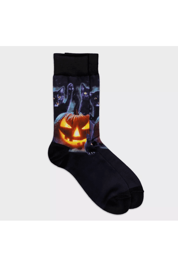 Men's Special Thanks Halloween Black Cats Pumpkin House Crew Socks - 6-12