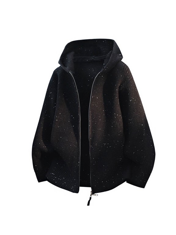 Men's Speckled Knit Zip Jacket, Hooded Casual Cardigan, Full Zip Closure, Dotted Textured Fabric, Oversized Fit, Suitable For Weekend Leisure Strolls, Casual Social Gatherings Black M