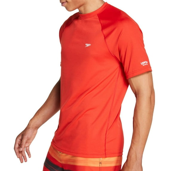 Men's Speedo 7748220 Easy Regular Fit Short Sleeve Swim Shirt (Speedo Red XL)