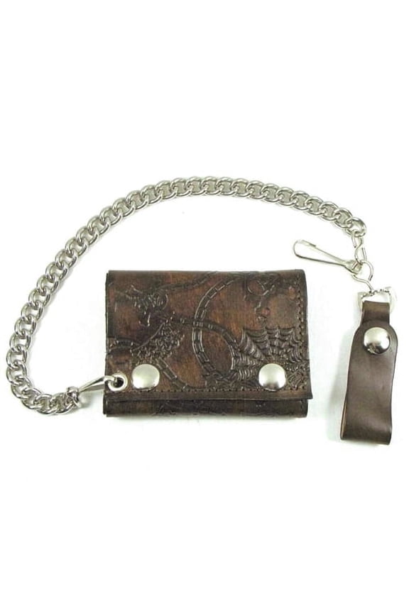 Men's Spider Embossed Tri-Fold Brown Leather Biker Chain Wallet