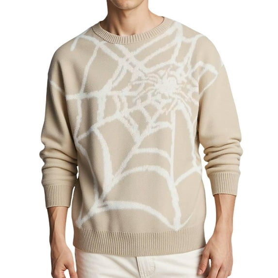 Men's Spider Web Knit Sweater Long Sleeve Crew Neck Casual Pullover Top