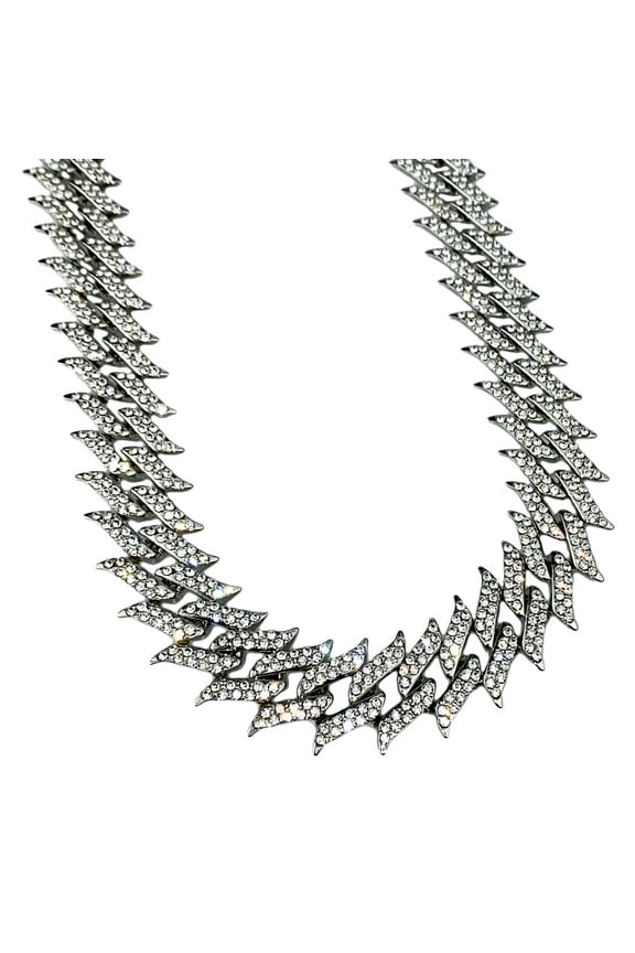 Men's Spike Chain Iced Hip Hop Necklace Silver Tone Spiked 30" Inch Long x 25MM Thick